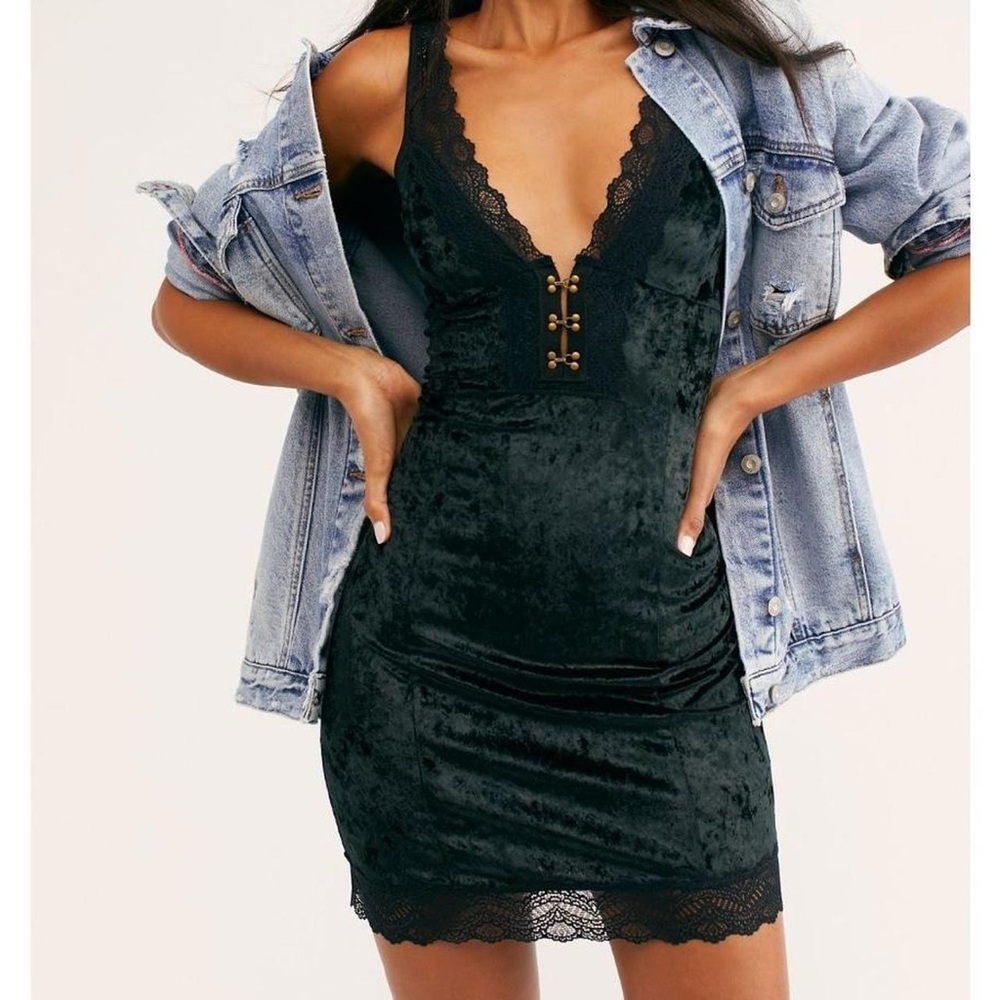 Free People Wait For It Velvet Lace Slip Dress in Black - S